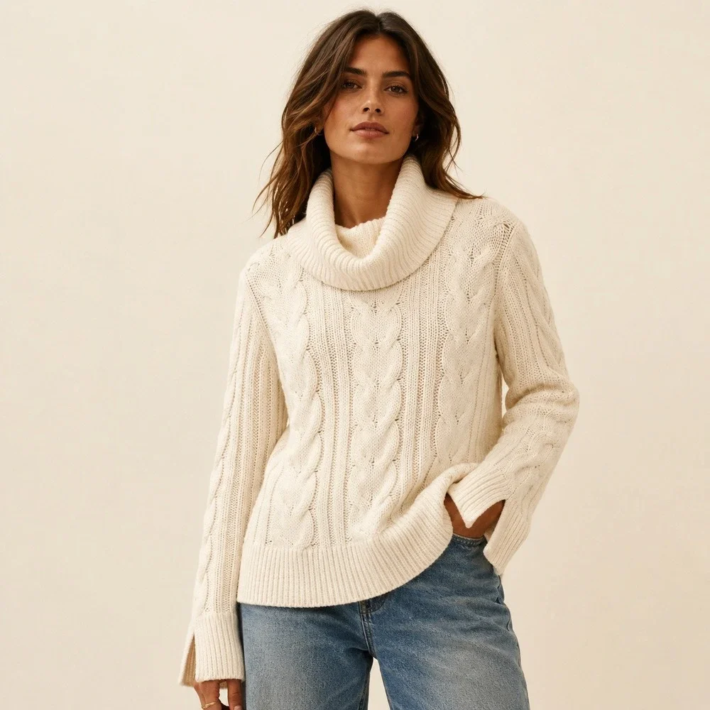 Banana Republic Chunky Cable Knit Cowl Neck Fisherman Sweater Cotton Wool M
